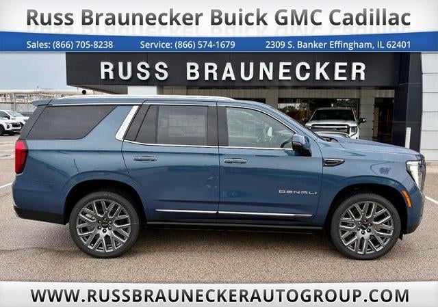 2026 GMC Yukon Denali Ultimate in Downpour Metallic — front three-quarter view